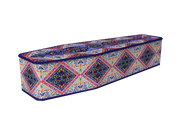 A rectangular coffin in a colorful geometric pattern with blue, red, yellow, and white motifs, finished with a dark blue border, shown on a plain white background.
