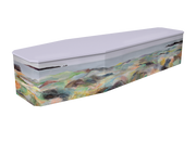 A coffin with a lilic lid and a colourful abstract landscape print on the sides, shown on a plain white background.
