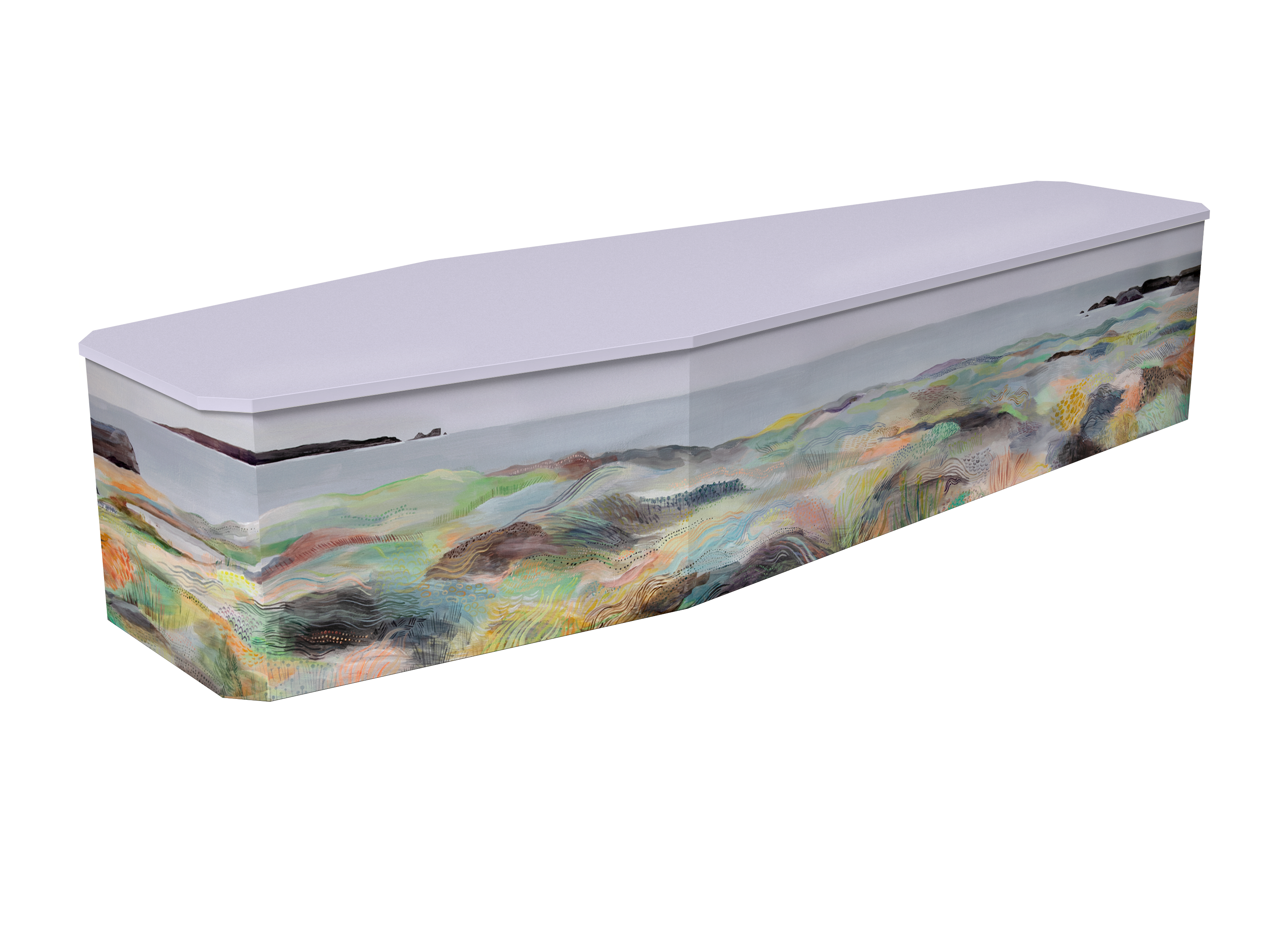 A coffin with a lilic lid and a colourful abstract landscape print on the sides, shown on a plain white background.