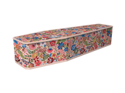 A long, narrow storage chest or bench upholstered in a dense floral print fabric with a light beige trim, shown on a plain white background.
