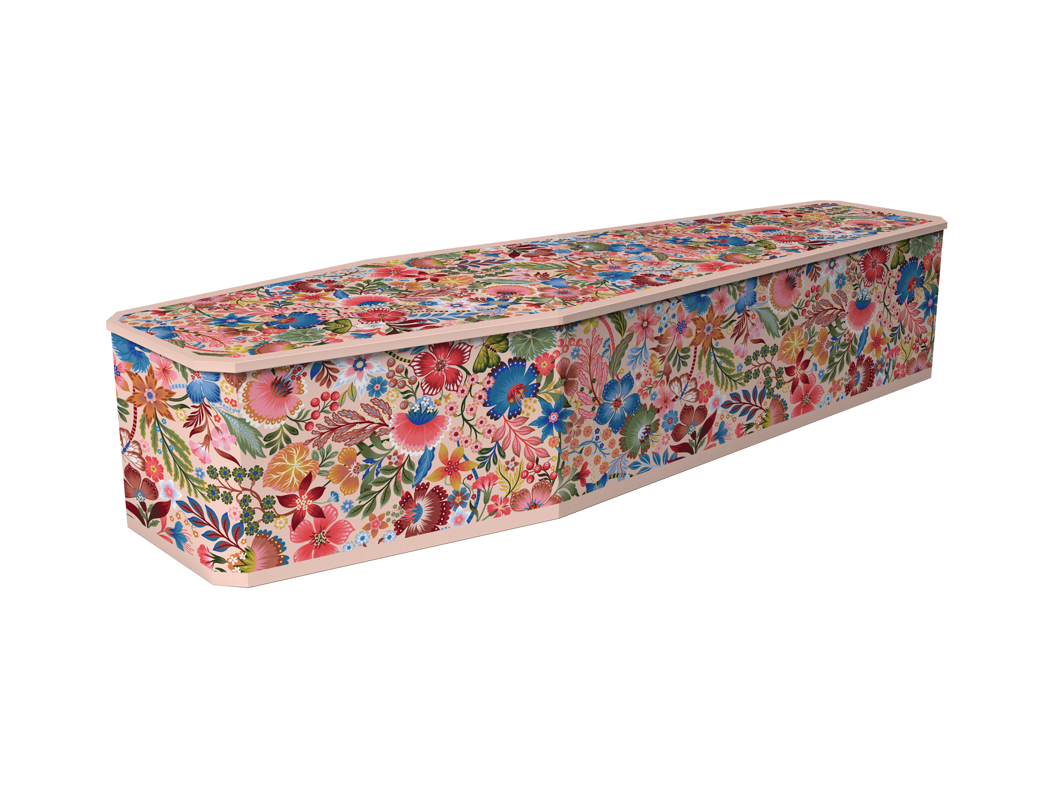 A long, narrow storage chest or bench upholstered in a dense floral print fabric with a light beige trim, shown on a plain white background.