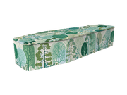 A rectangular Coffin with a hinged lid, upholstered in a green and blue botanical forest pattern on a white background.