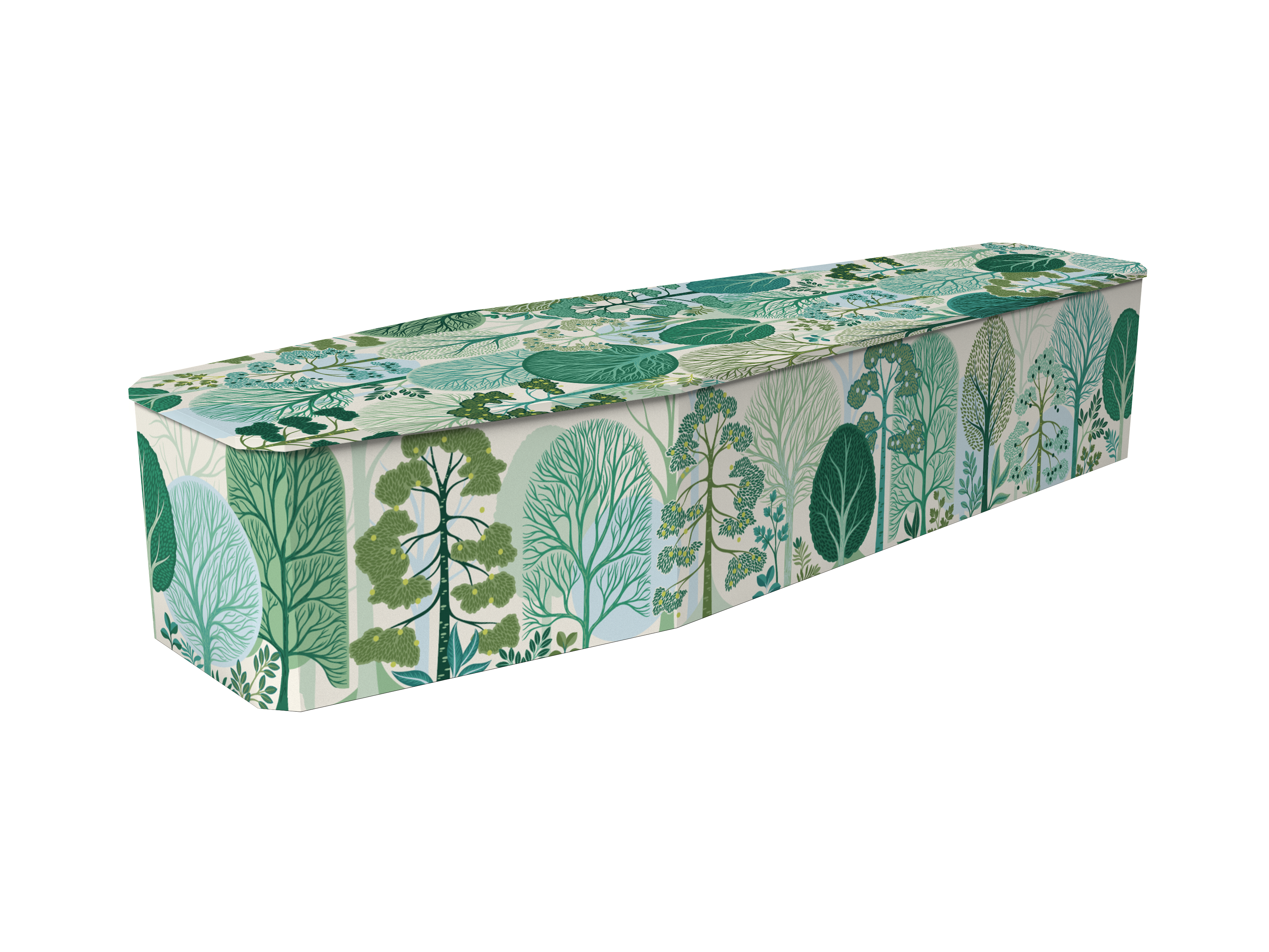 A rectangular Coffin with a hinged lid, upholstered in a green and blue botanical forest pattern on a white background.