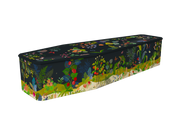 A rectangular coffin with a dark navy blue background and a vibrant, multicolored botanical pattern featuring flowers, leaves, and birds along the sides and top.