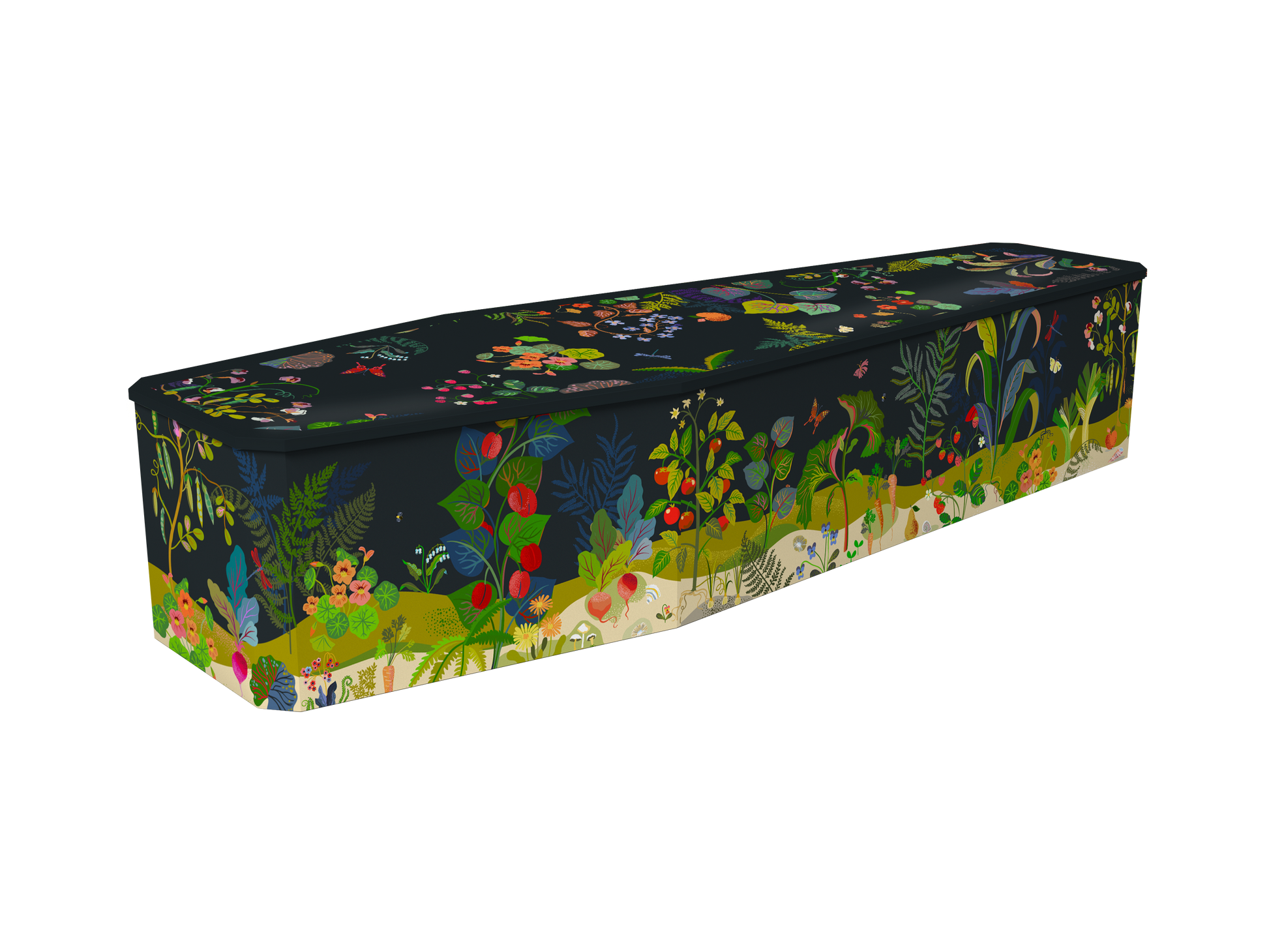 A rectangular coffin with a dark navy blue background and a vibrant, multicolored botanical pattern featuring flowers, leaves, and birds along the sides and top.