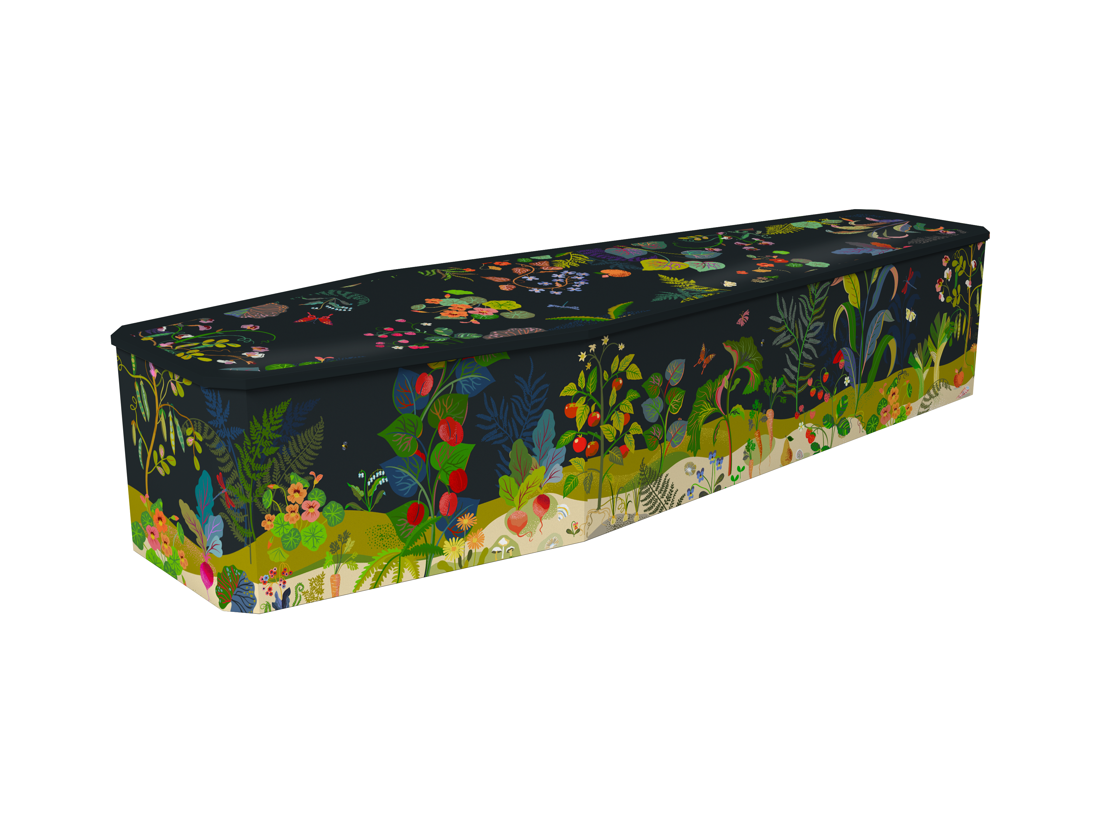 A rectangular coffin with a dark navy blue background and a vibrant, multicolored botanical pattern featuring flowers, leaves, and birds along the sides and top.