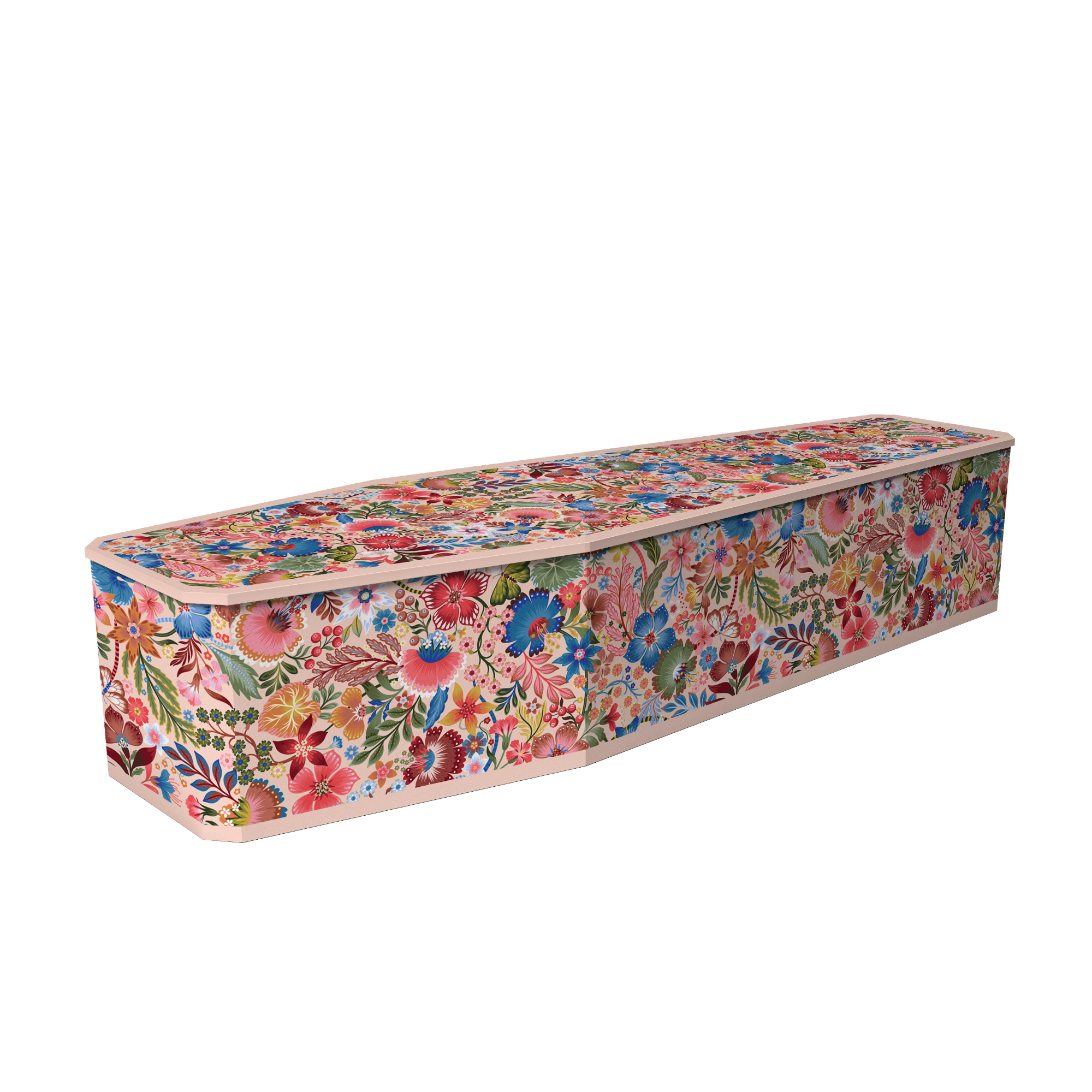 A coffin-shaped with a dense, colorful floral pattern in pink, blue, red, and green, set against a plain pink background.